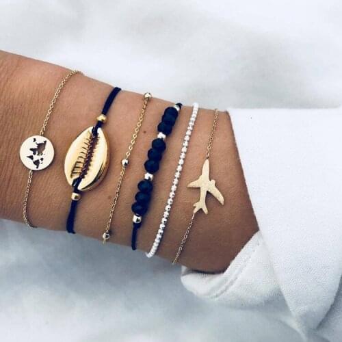 Fashion Jewelry Bracelet Set Metal Shell Plane Map Beads Chain Bracelets 6pcs/set