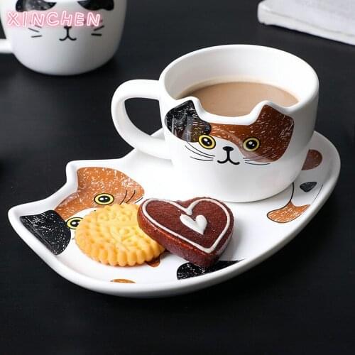 Cute Cat Ceramics Coffee Mug Set Handgrip Animal Mugs With Tray Creative Drinkware Coffee Tea Cups Novelty Milk Cup Breakfast