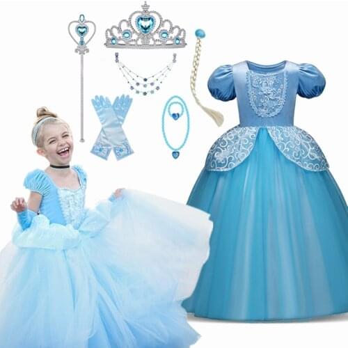 Girls New Dress HAlloween Cosplay Dress Kids Fancy Princess Dress 7 Pcs Set Crown Scepter Children Vestidos Infantil Costume