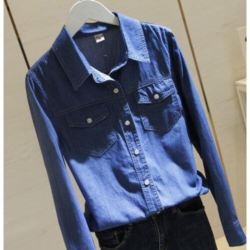 All-Matched Casual Blouse Top Quality New Spring Autumn Women Long Sleeve Turn-Down Collar Denim Shirts Double Pocket