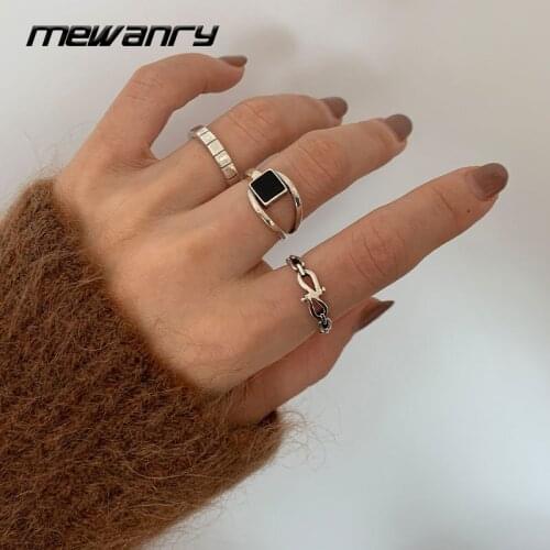 Mewanry Adjustable 925 Sterling Silver Rings Accessories New Trendy Elegant Vintage Hollow Chain Black Geometric Party Jewelry