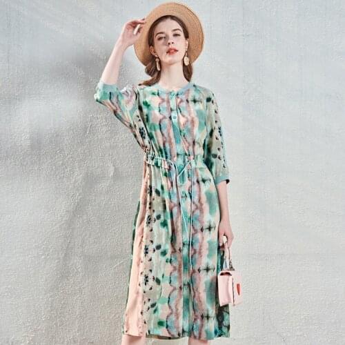 Silk dress summer Hangzhou womens printed short sleeve lace up silk dress