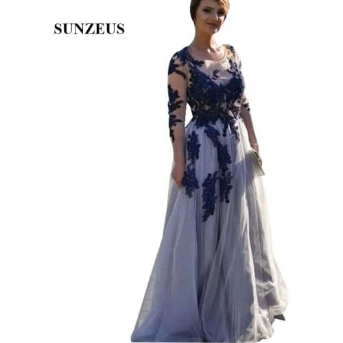 Navy Blue Appliques Long Sleeves Tulle Evening Gowns A-line Scoop Neckline Floor Length Formal Party Dress