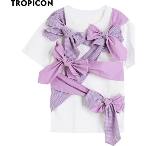 TROPICON Desinger Bow Short Sleeve Tees Summer Top Crewneck White Pink Funny T Shirt 2021 Trend Fashion Women Korean Style