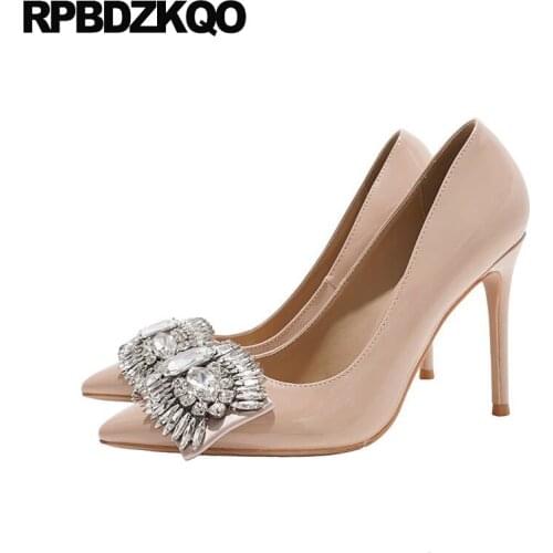 High Quality Rhinestone Patent Leather Nude Pumps Thin Plus Size Diamond Heels Super 8cm Crystal Shoes Women 2021 Pointed Toe