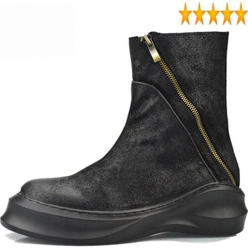 Zipper Fashion Mens 2021 New Winter Genuine Cow Leather Round Toe England Style High Top Boots Male Thick Bottom Plus Size