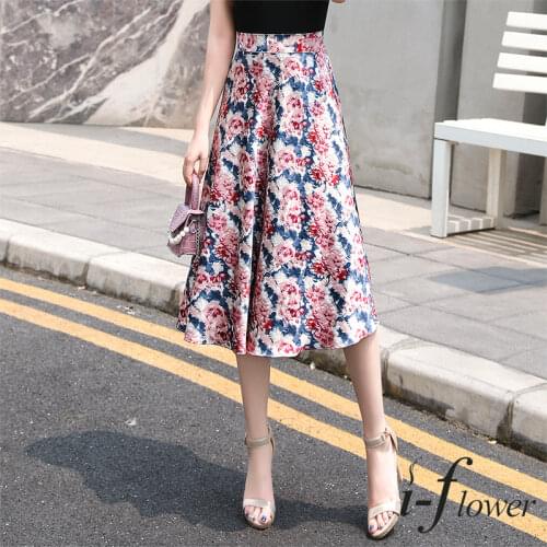 Oil Painting Print Long Umbrella Skirt Womens 2021 Elegant Fashion Elastic High Waist Skirt A-line Floral Midi Satin Skirt Jupe