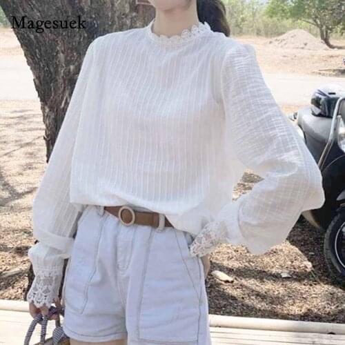 2020 Lace Casual Lantern Long Sleeve White Striped Ladies Tops Autumn Korean Cotton Shirt for Women Pullover Blouse Women 10912