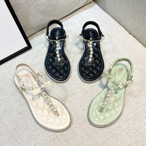 YSHUNIJ Summer 2021 The New Online Celebrity Fairy Wind Pearl Flat Beach Sandals and Slippers Are Worn By Women Wearing Sandals