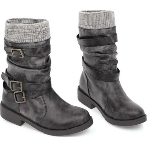 New Fashion Women Boots Winter Warm Boots Shoes Big Size Round Toe Black Gray Boots 34-43