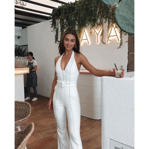2021 New Summer Women White Sexy Deep V Neck Sleeveless Bandage Jumpsuits Sexy Spaghetti Strap Long Pants Club Bodysuit Rompers