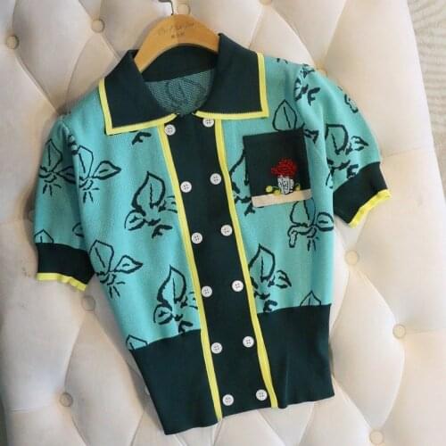 Women Crop Top Short Cardigan 2021 Lapel Double-breasted Contrast Color Jacquard Knit Summer Tops High Waist Sweater Shirt