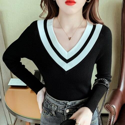 Women Sweater 2021 Autumn Winter Contrast Color V-Neck Pullover Sweaters Long Sleeve Top Femme Knit Slim Black Sueters De Mujer