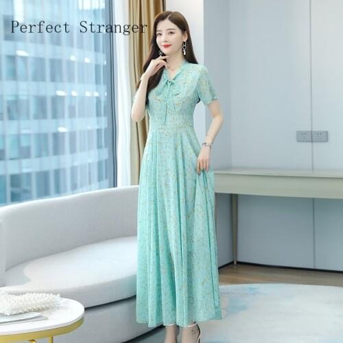 High Quality 2021 Summer Dress For Women V Collar Floral Printed Short Sleeve Women Chiffon Long Dress