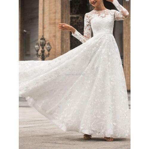 1920 Noble Ivory O-Neck Long Sleeves Natural A-Line Floor-Length Tulle&Lace Long Wedding Dresses/Women Party Gowns Free Shipping