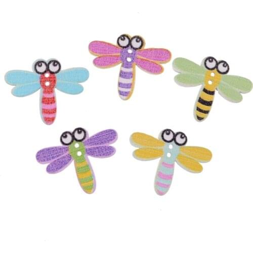10PCs Random Mixed Dragonfly Wood Sewing Buttons 2 Holes Pattern Scrapbooking Craft Sewing Childrens Garment Sewing Notions