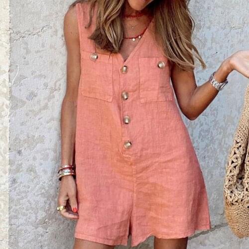 2021 Casual Vest Jumpsuit Solid Color V Neck Breathable Women Sleeveless Buttons Pockets Romper Comfortable to wear for Party