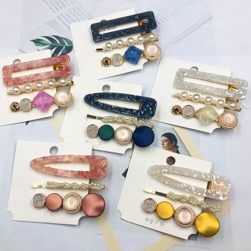 3PCS/Set Women Girls Hair Clips Square Round Pearls Hairpins Headband Barrettes Fashion Hair Accessories Set 2021