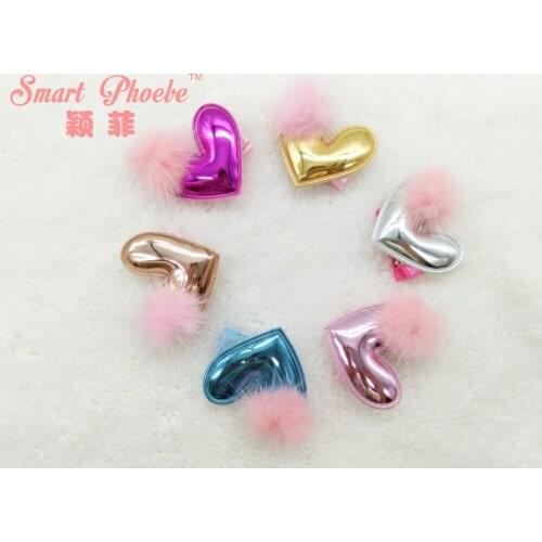 30pcs/5C Fashion Cute Pink Fur Pom Pom PU Heart Girls Hairpins Kawaii Solid Glitter Heart Girls Hair Clips Headwear Accessories