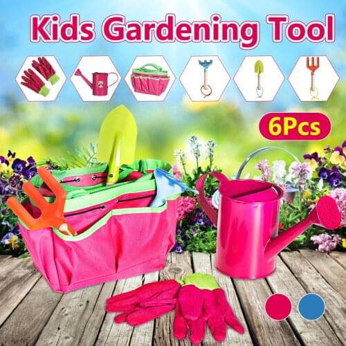6Pcs Kids Gardening Tools Children Shovel Spade Fork Set Tote Bag Garden Yard