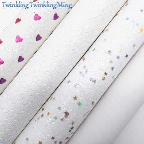 WHITE Glitter Fabric, Hearts Stars Glitter Leather, Honeycomb Faux Leather Fabric For Bows A4 8"x11" Twinkling Ming XM208