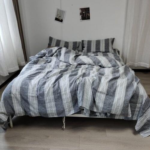 Set of 4 Pre stone washed 100% Natural Linen Charcoal Grey and Cream striped bedding duvet cover set+ 2 pillowcases + flat sheet