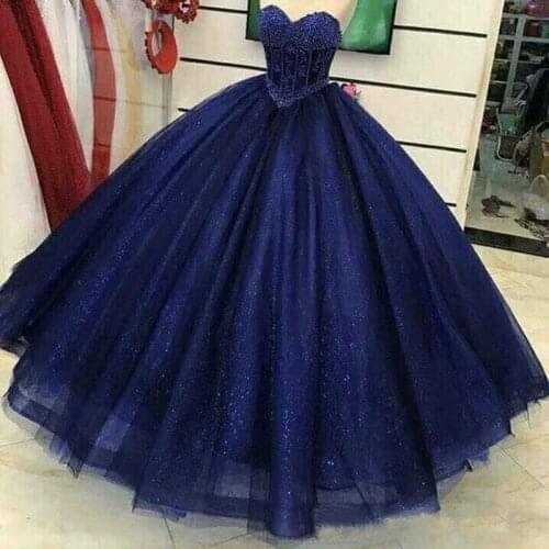 Sparkly Sequins Ball Gown Quinceanera Dress Sweetheart Navy Blue Lace-up Sweet 16 Dresses Prom Graduation 8th Grade Gowns