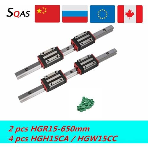 Fast deliver CNC square guide linear rail 2 PCS 650mm HGR15 linear guide +4 PCS HGH15CA / HGW15CC carriage slides block for CNC