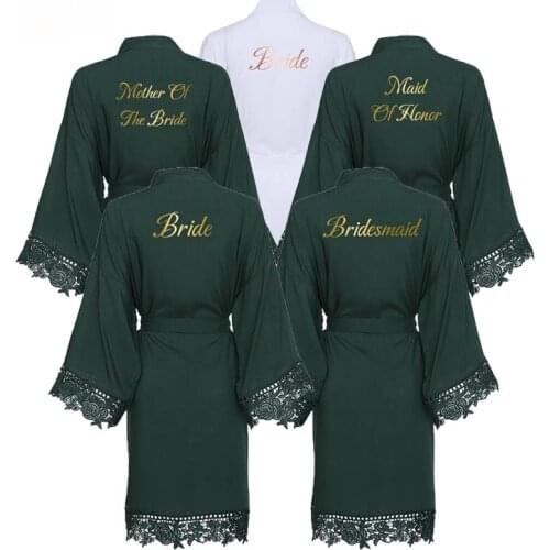 Bride Bridesmaid Bride Robes Cotton Kimono Robes with Lace Robe Women Wedding Bridal Robe Short Bathrobe Dark Green