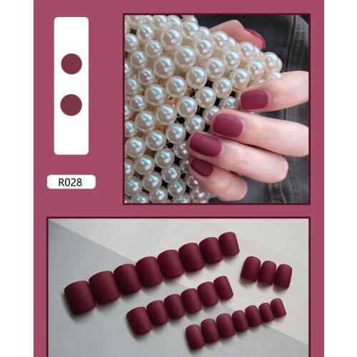 24pcs Fuchsia Matte False Nails Black Moon Red Gold Edge Nail Tips Blue Blooming Colored Flowers Plastic Waterproof Nail Art