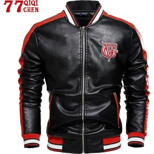 Mens Autumn Winter Leather Jacket Motorcycle Fashion Coat Male Business Casual Embroidery Warm Stand-up Collar Overcoat
