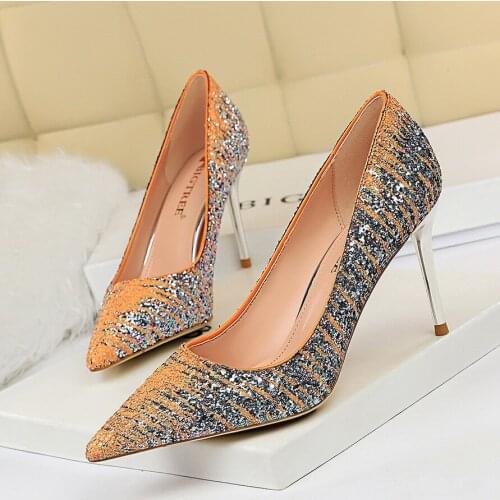 European And American-Style Sexy Evening High Heel Metal Fine with High Heels Shallow Mouth Pointed Color Panel Sequined Shoes