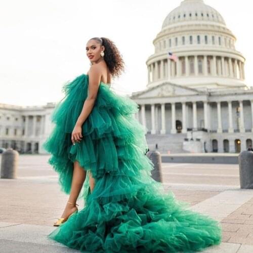 Sexy Strapless Women Long Tulle Skirts With Train Maxi Street Ruffled Tule Dresses Party Prom Dressing Gown Tiered Fluffy Dress