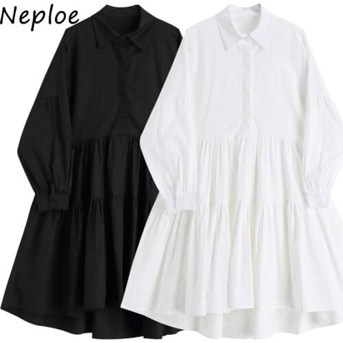 Neploe Turn Down Collar Long Sleeve Single Breast Dress Women High Waist Hip A Line Slim Vestidos Spring 2021 New Solid Robe