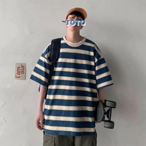 Short-sleeved Striped T-shirt Male 2021 New Loose Round Neck Retro Chic Top Female Couple Clothing Loose Korean Style Harajuku