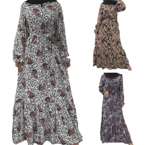 Ramadan Islamic Muslim Women Long Dress Dubai Turkish Vintage Maxi Robe Arab Jilbab Mubarak Kaftan Printed Gown Casual Moroccan