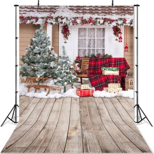 Christmas Photography Background Christmas Tree Snow Bench Kids Party Wooden Floor Backdrop Decoration Props For Photo Studio