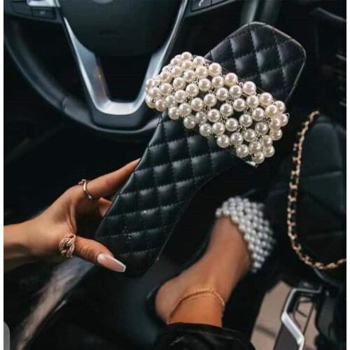 Spring/summer new women 2021 pearl rhinestone womens all-match casual slippers fashion solid color flat shoes sandals