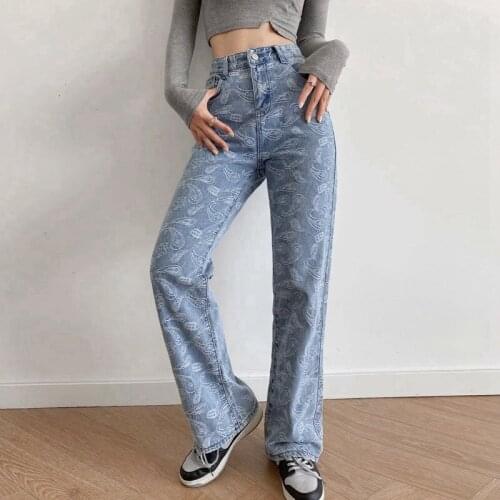 Leisure Wide-leg Jeans Pants Womens Jacquard High-waisted Straight Leg Loose Ladies Denim Pants