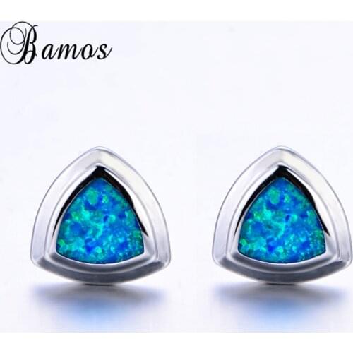 Bamos Brand Triangle Silver Color Wedding Jewelry Ocean Blue/White Fire Opal Stud Earrings For Women Lover Gifts