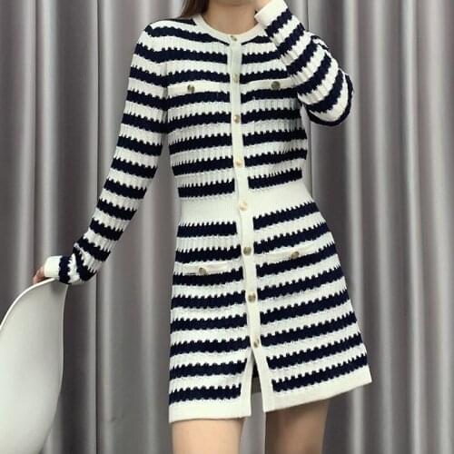C family stripe color contrast bright pearl gathered waist cardigan long sleeve dress short skirt 2021 early spring new womens