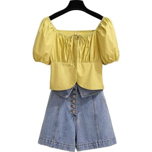 Women New 2021 Summer Casual 2 Piece Set Female Vintage Short Sleeve Shirt + Fashion Denim Shorts Sets Ladies Casual Suits A824