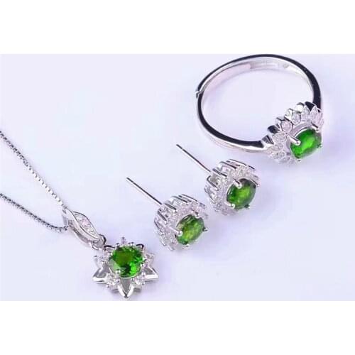 Natural green Diopside jewelry set 925 Sterling Silver Jewelry Set Gemstone Jewelry Woman Fashion Set Wedding/Party Gift
