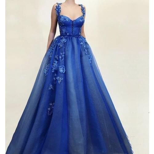 Royal Blue Evening Dresses A-line Embroidery Flowers Dubai Spaghetti Strap Arabic Long Evening Gown Corset Prom Dress