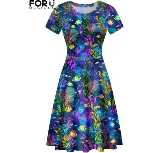 FORUSEDIGNS Summer Women Short Sleeves Dress Hawaii Tropical Flower Palm Leaf O-Neck Leisure Holiday Female Clothes Femenina