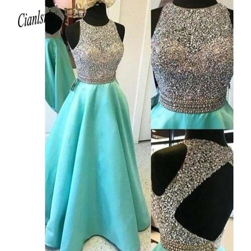 Elegant Mint Green Beading Crystal Top A Line Evening Dresses O-Neck Open Back Sleeveless Long Formal Evening Party Dress