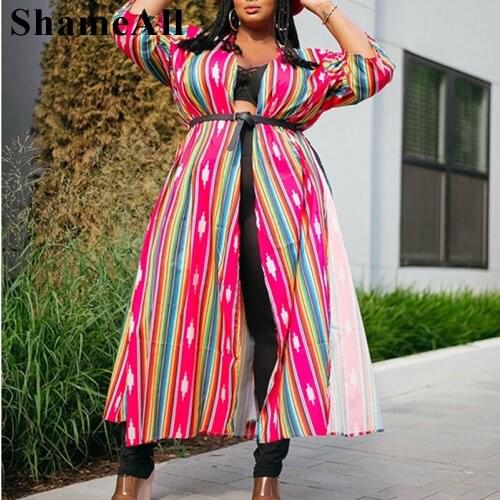 Plus Size Vintage Striped Print Big Shirt Dress 4xl Autumn Boho Side Split Half Long Sleeve Maxi Loose Dresses Vestido De Mujer