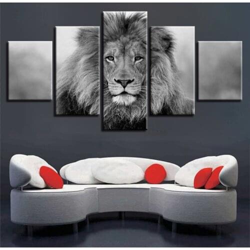 Canvas Pictures Modular Wall Art Framework 5 Pieces Animal Lion Painting Living Room HD Prints Black And White Poster Home Decor