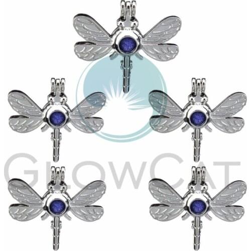 5pcs Silver Insect Dragonfly Oyster Pearl Cage Lockets Charms Perfume Essential Oil Diffuser Cage Pendant Jewelry