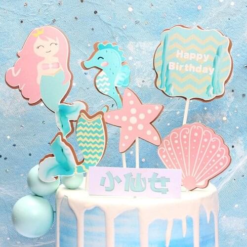 6pcs/lot Marine Life Mermaid Shell Hippocampus Starfish Happy Birthday Cake Topper Sea World Theme Birthday Party Cake Decor